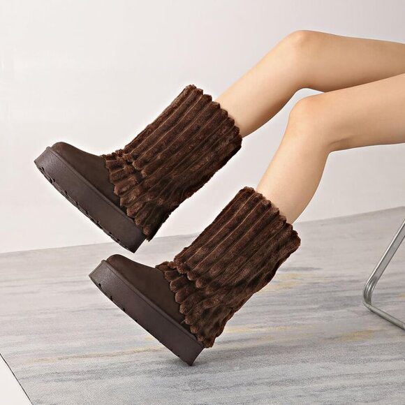 ✨Women's Brown Platform Fur Boots Fuzzy Fleece Lined Ankle Anti-Slip Booties - Picture 5 of 6